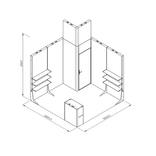 3x3m - stoisko Modularico M100 LED układ L-00433M100, zaplecze, lada, półki, nadstawka