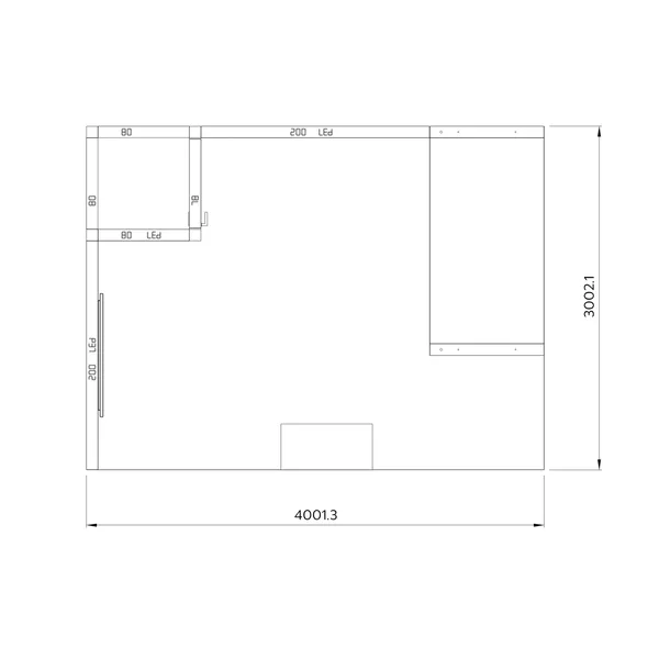 4x3m - stoisko Modularico M100 LED układ L-00543M100, zaplecze, lada, półki, mocowanie TV, sufit