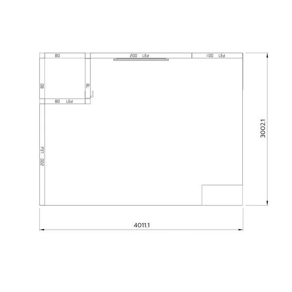 4x3m - stoisko Modularico M100 LED układ L-00643M100, zaplecze, lada, mocowanie TV, stopa Deco