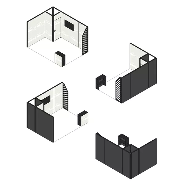 4x3m - stoisko Modularico M100 LED układ L-00643M100, zaplecze, lada, mocowanie TV, stopa Deco