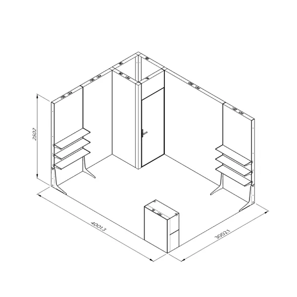 4x3m - stoisko Modularico M100 LED układ L-00743M100, zaplecze, lada, półki