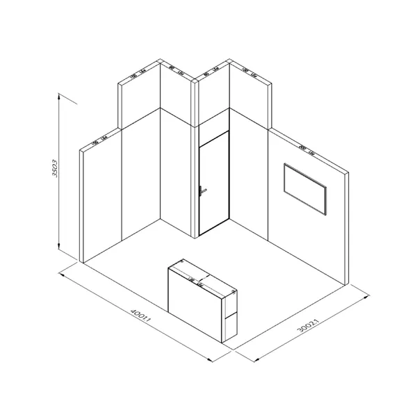 4x3m - stoisko Modularico M100 LED układ L-00943M100, zaplecze, lada, mocowanie TV, nadstawka