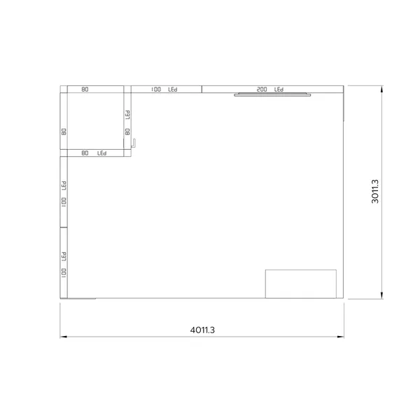 4x3m - stoisko Modularico M100 LED układ L-01043M100, zaplecze, lada, mocowanie TV, nadstawka