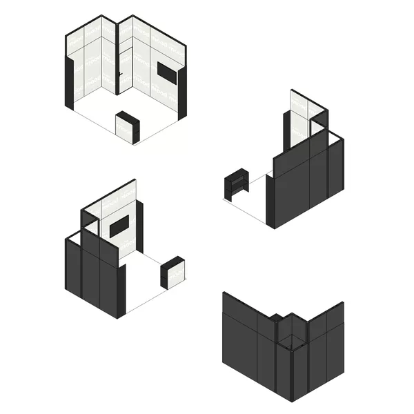 4x3m - stoisko Modularico M100 LED układ L-01043M100, zaplecze, lada, mocowanie TV, nadstawka