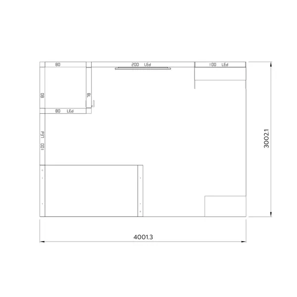4x3m - stoisko Modularico M100 LED układ L-01143M100, zaplecze, lada, mocowanie TV, półki, sufit