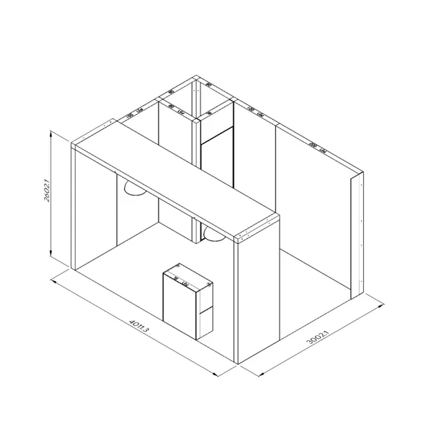 4x3m - stoisko Modularico M100 LED układ L-01243M100, zaplecze, lada, sufit
