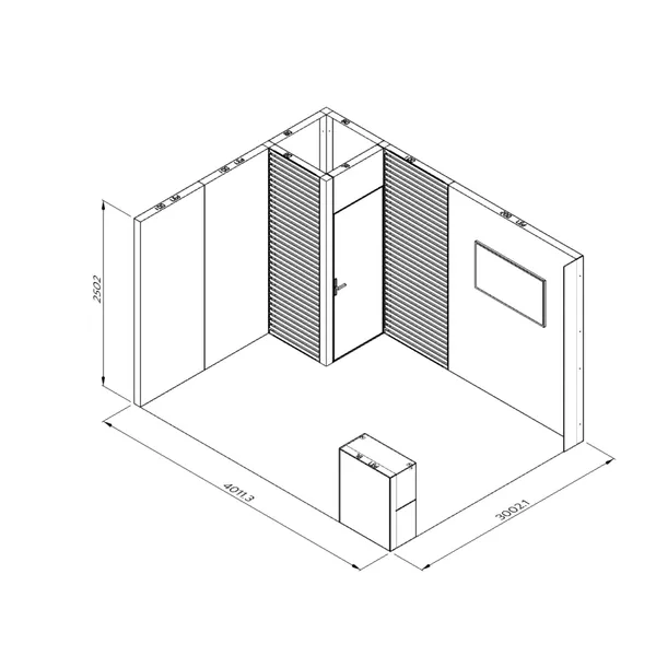 4x3m - stoisko Modularico M100 LED układ L-01443M100, zaplecze, lada, Deco Lamel, mocowanie TV
