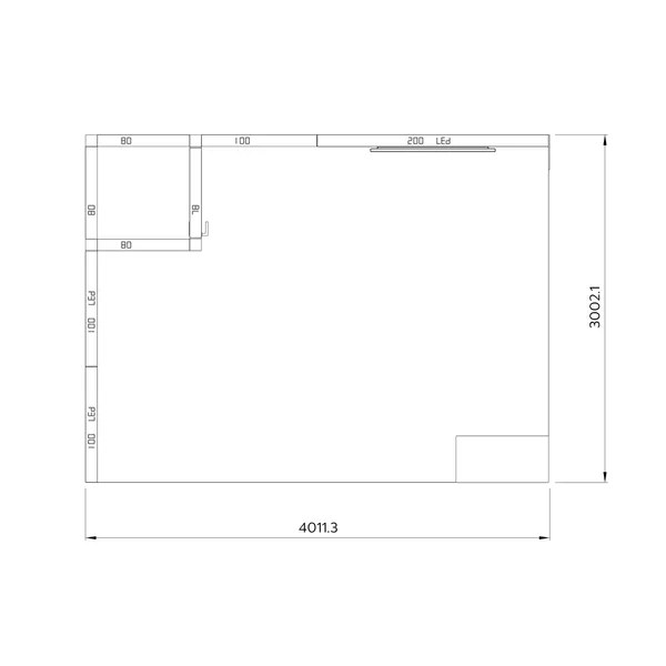 4x3m - stoisko Modularico M100 LED układ L-01443M100, zaplecze, lada, Deco Lamel, mocowanie TV
