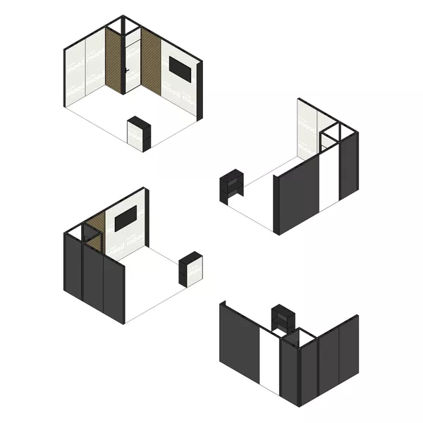 4x3m - stoisko Modularico M100 LED układ L-01443M100, zaplecze, lada, Deco Lamel, mocowanie TV