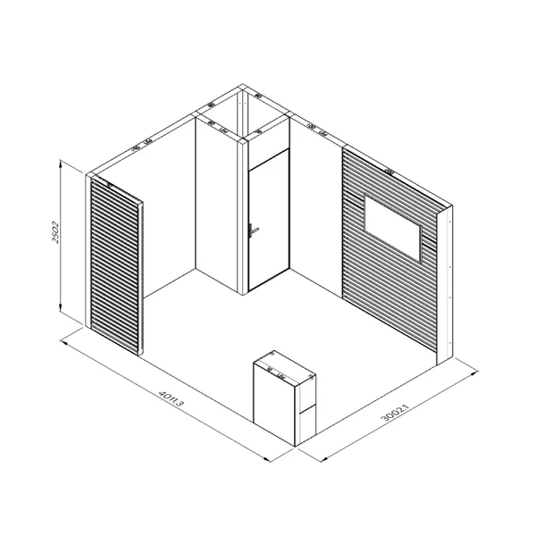 4x3m - stoisko Modularico M100 LED układ L-01543M100, zaplecze, lada, Deco Lamel, mocowanie TV
