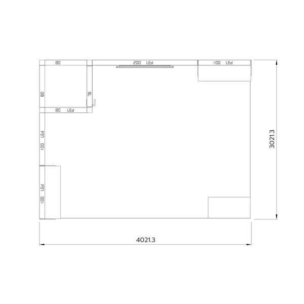 4x3m - stoisko Modularico M100 LED układ L-02143M100, zaplecze, lada, półki, mocowanie TV