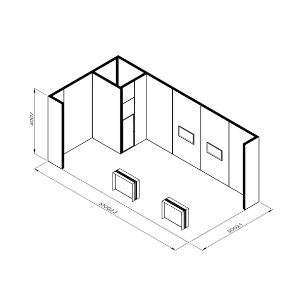 10x5m - stoisko Modularico M150 LED układ L-001105M150, zaplecze, lada, mocowania TV