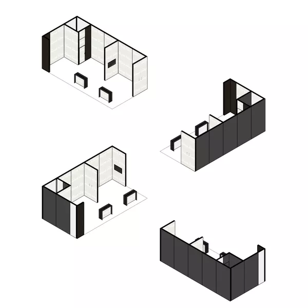 10x5m - stoisko Modularico M150 LED układ L-002105M150, zaplecze, lada, mocowania TV, panel Lamel