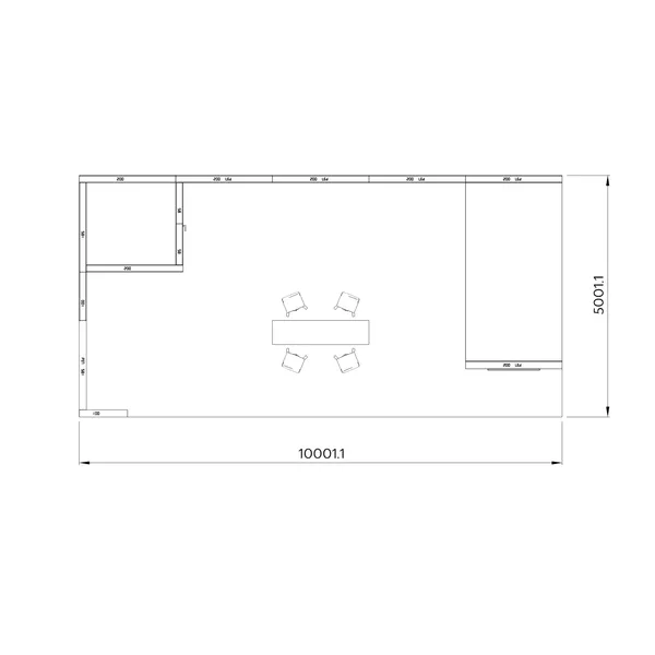 10x5m - stoisko Modularico M150 LED układ L-003105M150, zaplecze, lada, mocowania TV, panel Lamel