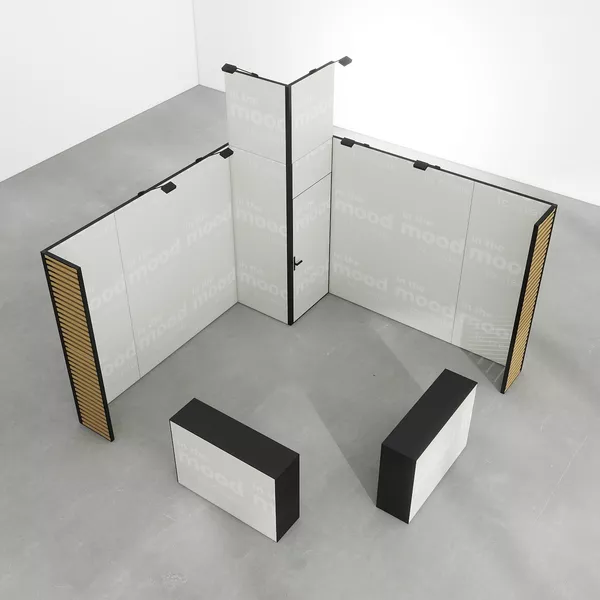 400x400cm - stoisko Modularico M50 układ L-00944, zaplecze, lada, lampy, nadstawka, panel Lamel