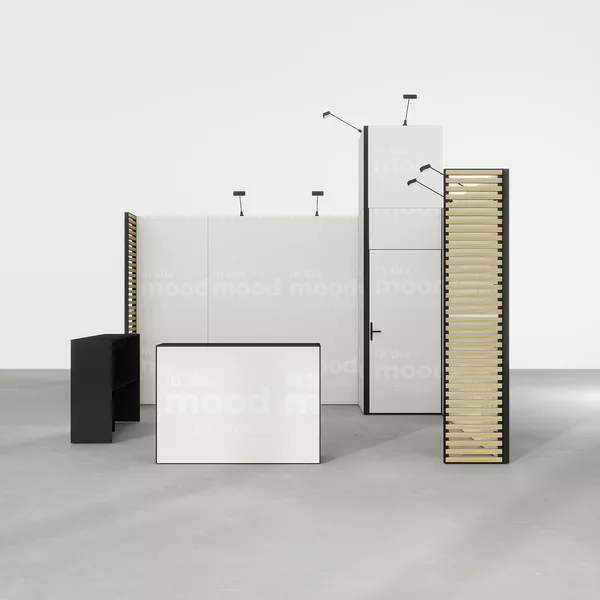 400x400cm - stoisko Modularico M50 układ L-00944, zaplecze, lada, lampy, nadstawka, panel Lamel