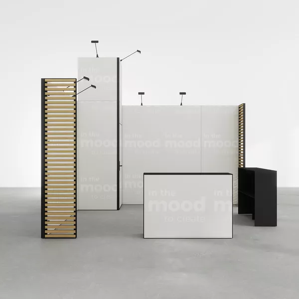 400x400cm - stoisko Modularico M50 układ L-00944, zaplecze, lada, lampy, nadstawka, panel Lamel