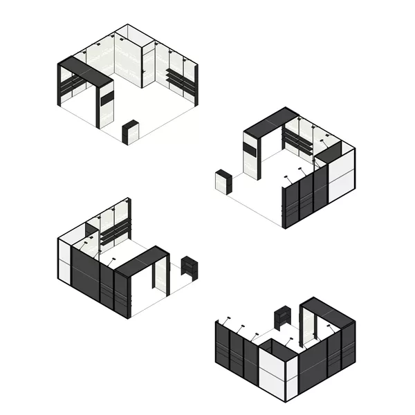 5x5m - stoisko Modularico M50 układ L-01355M50