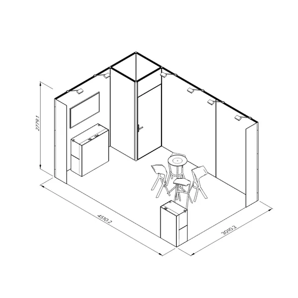 4,5x3m - stoisko Modularico M50 układ L-01543M50