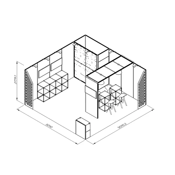 5x5m - stoisko Modularico M50 układ L-02355M50