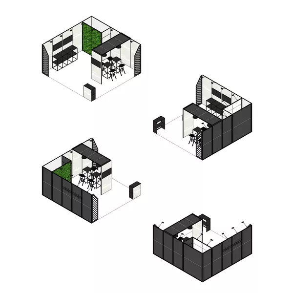 5x5m - stoisko Modularico M50 układ L-02355M50
