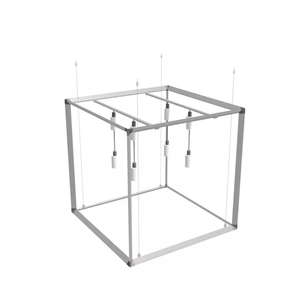 150x150x150cm - podwieszenie Fbox z podświetleniem LED - grafika tekstylna, linki z mocowaniem