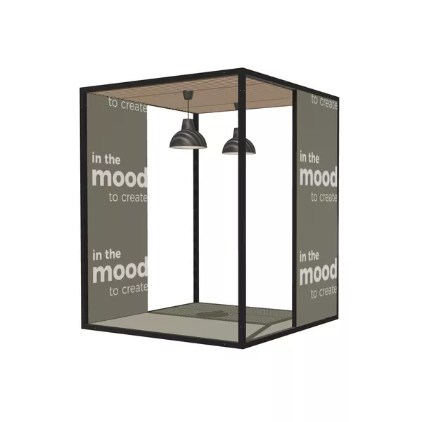 Modular Room Box, 200x200x250cm, rama podstawowa, podłoga systemowa, 2x ściana M50, sufit Panel Lamel, 2x lampa okrągła