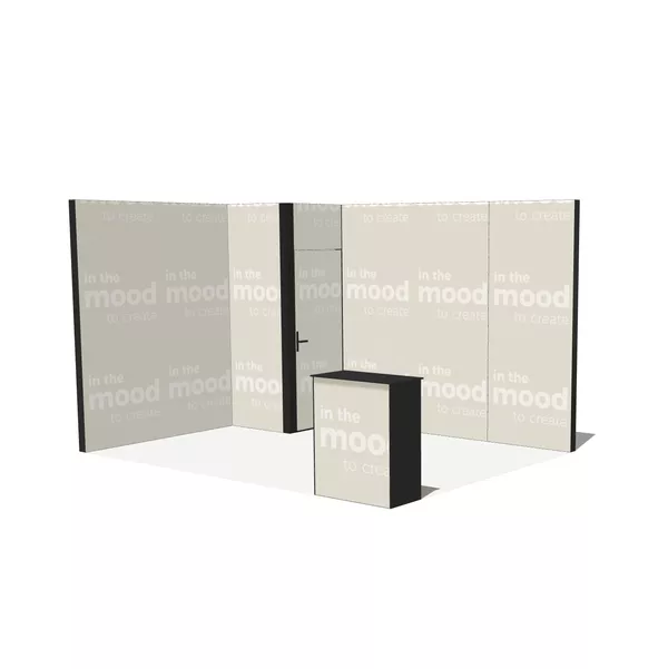 Exhibition Stand Modularico M100LED in L-Shape with Storage and M100 Counter