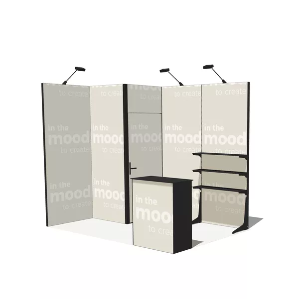 Modularico M50, Agencement en L, 300x200 cm, Lampes LED, Espace de Stockage, Étagère Faro, Comptoir