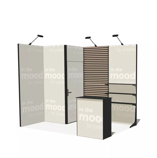 xhibition Stand Modularico M50 in L-Shape with Storage, Faro Shelf, Deco Lamel Wall, and Counter