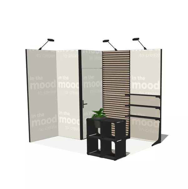 Exhibition Stand Modularico M50 in L-Shape with Storage, Faro Shelf, Deco Lamel Wall, and MC Counter with Planter