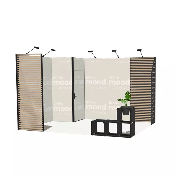 Exhibition Stand Modularico M50 in L-Shape with Storage, Two Deco Lamel Walls, Deco Panel, and M100 Counter