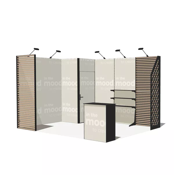 Exhibition Stand Modularico M50 in L-Shape with Storage, Faro Shelf, Two Deco Lamel Walls, Deco Panel, and M100 Counter